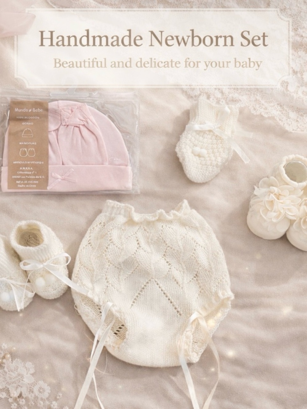 Handmade Newborn Cream Knit Bloomers with Pink Hat - Kids Accessories